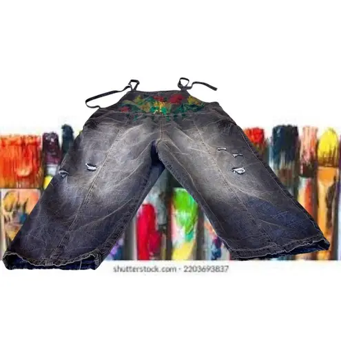 NWT YESNO Denim Painted Bib Overalls Medium Drop Crotch Wide Leg Pants Jumpsuit Black Size undefined