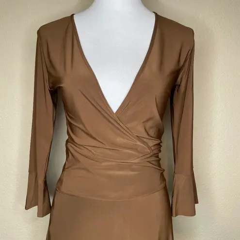 Modbe Chocolate Brown Surplice Wrap Dress Bell Sleeve Ruched Waist Stretchy Midi