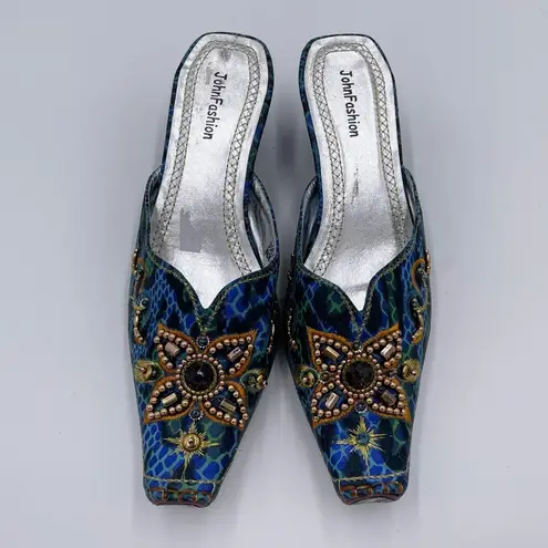 JohnFashion Women's Embellished Beaded Wedge Heel Mules Size 7 Bohemian Colorful Blue