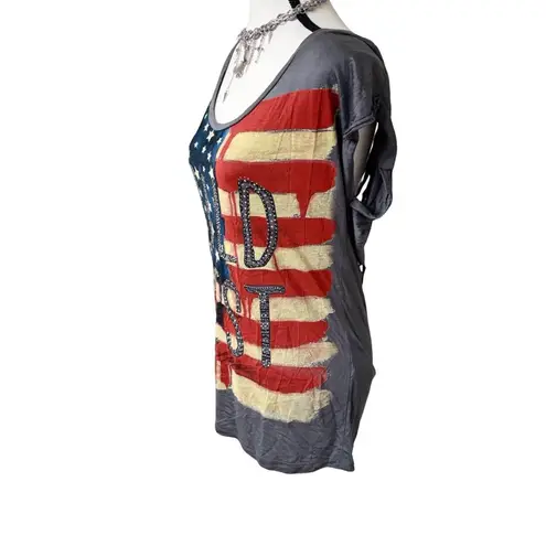 VTG. WESTERN RHINESTONE WILD WEST CUT OUT T SHIRT SMALL Blue