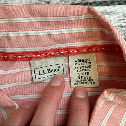 L.L.Bean  Women's Striped Button Down Roll Tab Blouse L LG Large Reg Pink White