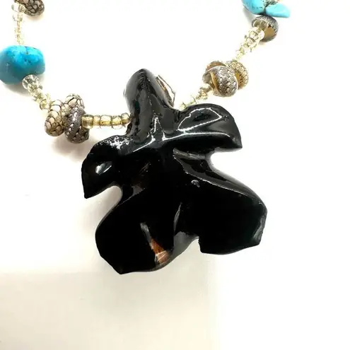 Turquoise and shell wood turtle long pendant necklace