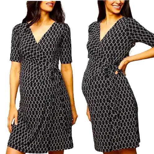 Motherhood Maternity  Print Geometric Black & White Waist Tie Surplice Dress Sm