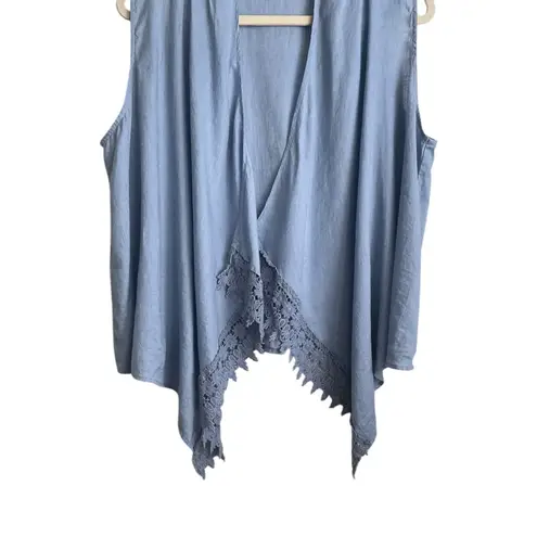 Ruby Rd Woman Vest Top 2X Blue Linen Crochet Trim Open Front Beachy Boho Cowgirl