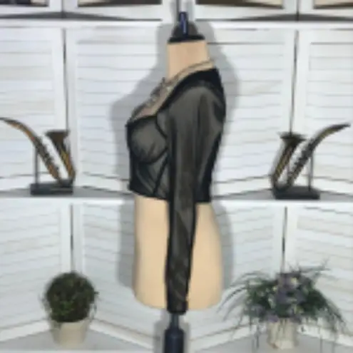 Edikted Megan Mesh Structured Corset Crop Top Long Sleeve Sheer Lined Black sz M