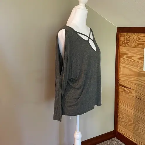 Acemi Grey Cold Shoulder Criss Cross Long Sleeve Top Blouse
