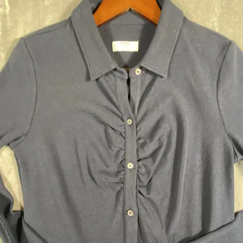 Untuckit Navy Blue Dress Midi Stretch Size 10 Ruched Button Front Fitted Soft