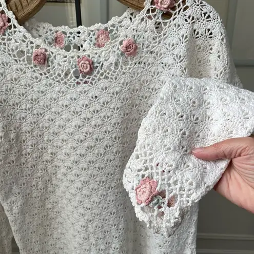 Vintage 80s Denim Republic Grannycore Cottagecore Pastel Floral Sweater S White