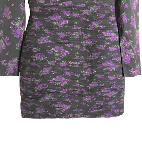 Amur Giulia Black Purple Pleated Floral Print Long Sleeve Mini Dress Size 4