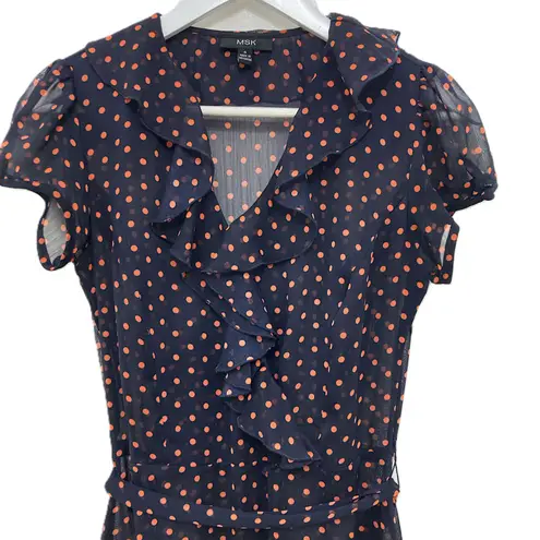 MSK Dress Size 4 Polka Dot Navy Pink Faux Wrap Ruffle Midi Short Sleeve Blue