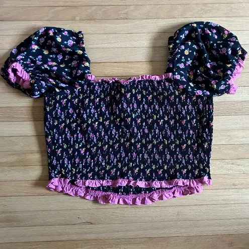 Unique Vintage EUC 2X 18 Black Pink Floral Ditsy Crop Top