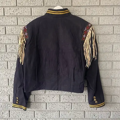 VTG Double D Ranch Jacket Wool Aztec Beaded Fringe Navy Blue Size Large