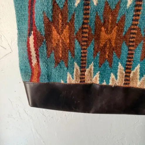 Southwestern Blanket Aztec Western Tribal Wool Leather Tote Bag Shoulder Bag Blue
