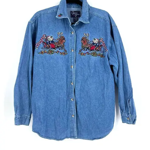 Vintage Christmas denim button down embroidered reindeer shirt Christmas large 1 Blue