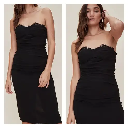 LPA Shirred Bustier Dress Black Strapless Midi Revolve XXS NWT