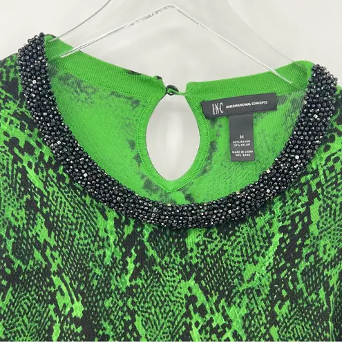 INC  crew snakeskin print beaded collar embellished pullover sweater green M