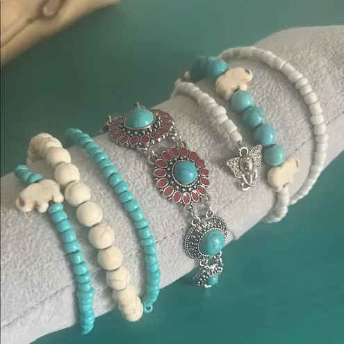 Set Turquoise Dyed Howlite and Magnesite Elephant Coil and Southwest Bracelets Blue thumbnail 11