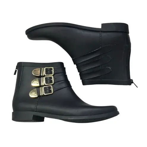 Loeffler Randall Rain Boots Women's Size 9 Fenton Black Rubber Gold Buckle Ankle