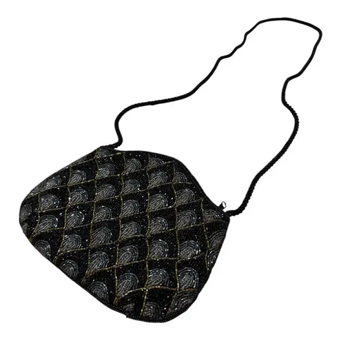 Vintage Black Gold Silver Beaded Evening Bag Art Deco Shoulder Purse Handbag