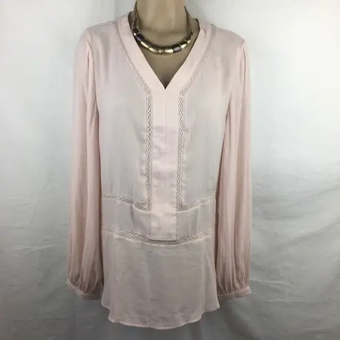 Ro & De Women's Pink Sheer Long Sleeve Double V Eyelet Top M NEW