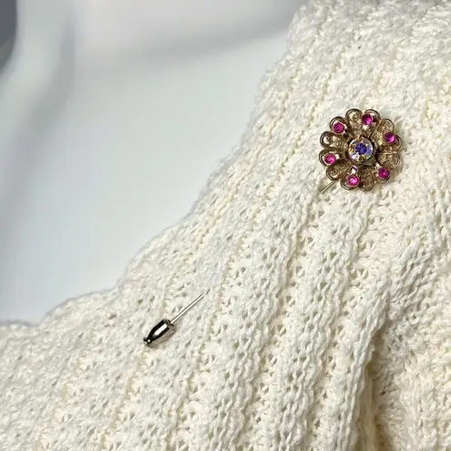 Vintage 60s Gold Tone AB Pink Rhinestone 3D Flower Stick Pin Retro Brooch 3.5”