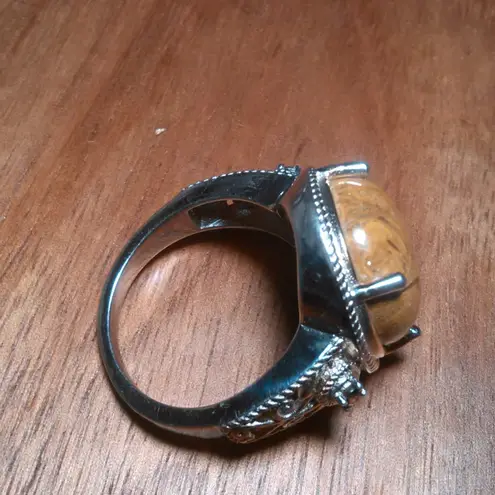 Script Stone and Brazilian Smokey Quartz Solitaire Copper Ring (Size 9)