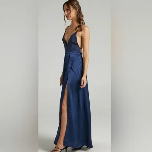 Showpo Navy Inspired Tribe Plunge Neckline Maxi Lace Open Leg Dress Size US 6 Blue