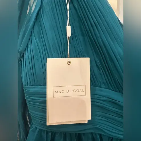 Mac Duggal 68254 Teal Chiffon Ruched Tiered Puff Sleeve A Line Midi Dress