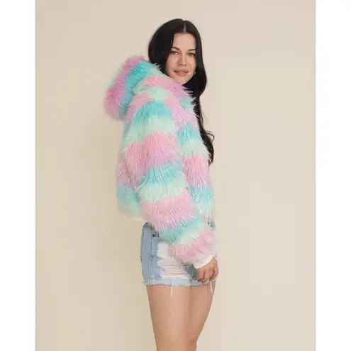 SpiritHoods Doll Party Jacket Women XS Cropped Hooded Faur Fur Festival Glitter Pink