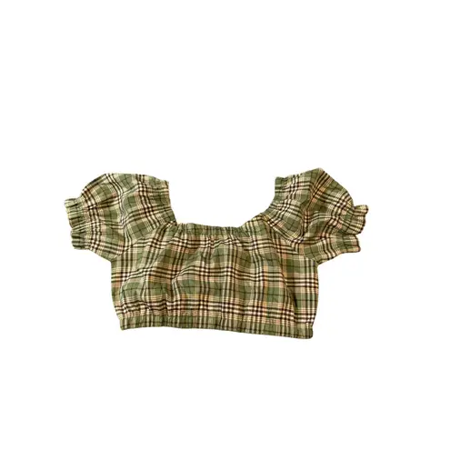 NWOT Lena Size Medium Women Balloon Puff Sleeve Short Sleeve Plaid Crop Top Green