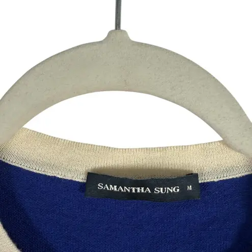 Samantha Sung Blue Cream Cardigan Crop Sweater 100% Wool Preppy Womens Medium