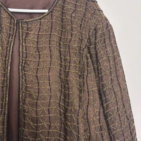 Handmade VINTAGE Elegant Hand Beaded Brown Gold Accent Embellished Jacket