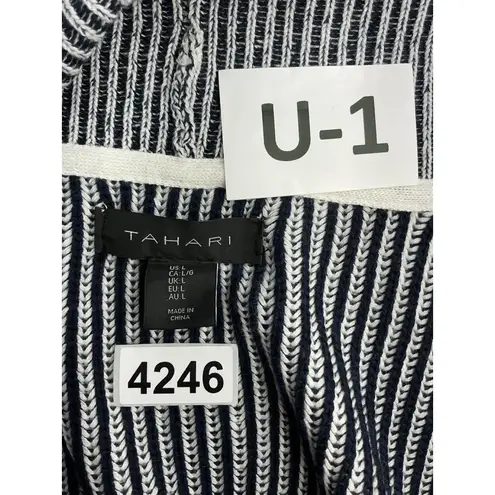 Tahari Womans Cardigan Sweater Large Navy White Stripe Long Sleeve Open Front