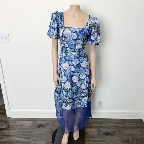 Rachel Parcell [] Blue Floral Puff Sleeve Lace Trim Spring Midi Dress NWT Size 8
