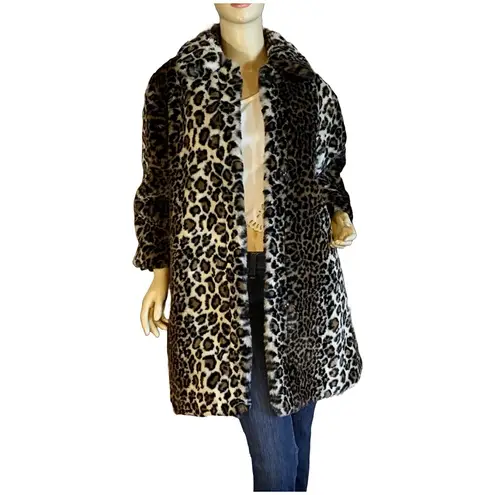VINTAGE 1980'S BEBE NOSH BLACK & TAN ANIMAL PRINT FAUX FUR COAT (M) Size M