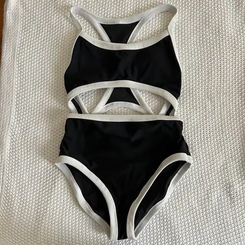 Aerie Pop Cutout One-Piece Swimsuit Full Coverage Black White Size S