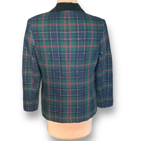 Vintage Sag Harbor Blazer Jacket Navy Blue Green Tartan Plaid Velvet Collar Wool Size 12