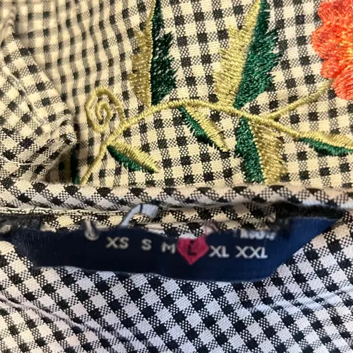 Gingham One Shoulder Top Embroidered Floral Ruffle Black White Summer Large