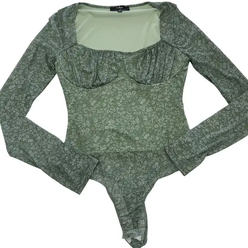 Lulus Bodysuit Womens Medium Green Major Aesthetic Sage Green Ditsy Floral Mesh