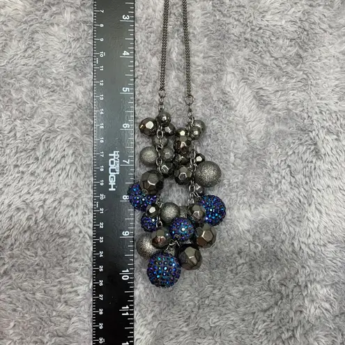 Statement Necklace Gunmetal Gray Beaded with Blue Rhinestone Balls Chunky Glam
