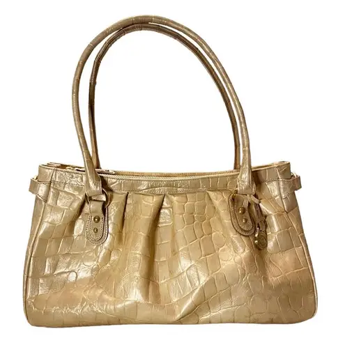 Brahmin Croc Embossed Leather Satchel Dual Handle Zipper Closure Cream Handbag