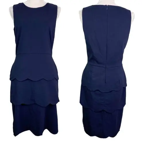J. McLaughlin Sheath Dress Navy 10 Sleeveless Scallop Tiers Stretch