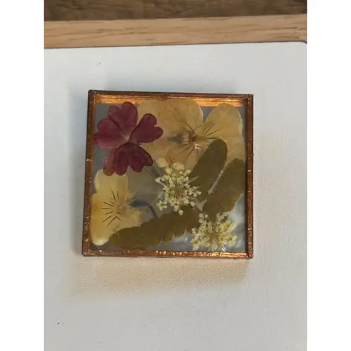 Pressed Flower Brooch Square Copper Frame Signed Tobin Red