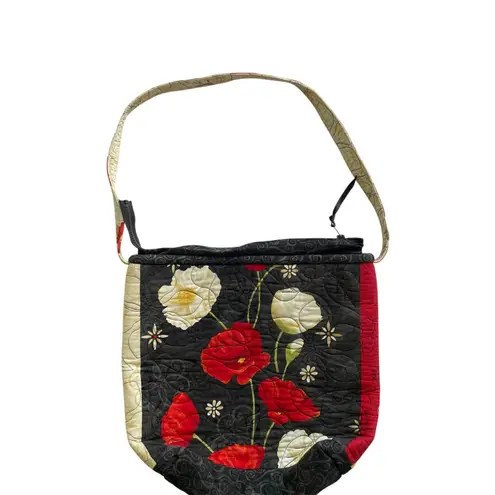 Quilted Floral Poppy Print Shoulder Bag Zipper Closure Handmade Purse Artsy Black