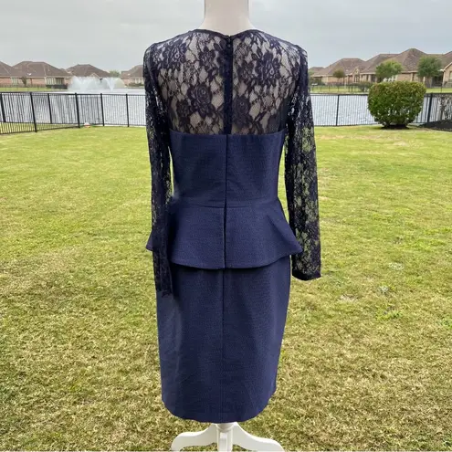 David Meister Blue Lace Long Sleeve Peplum Dress