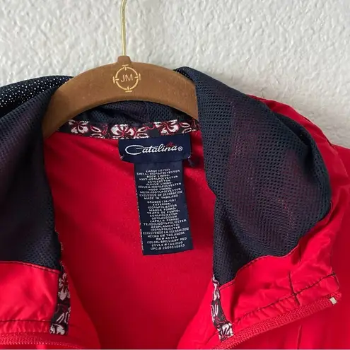 Catalina Vintage Windbreaker Red & Navy with Floral Detailing and Hood Size Large