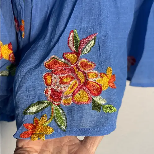 NEW Fig & Flower Blue Embroidered Floral Button Up Blouse Mandarin Large Cottage