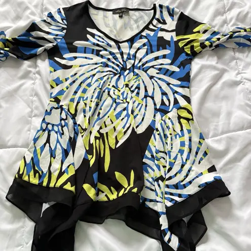 Melissa Paige Womens Size XS Floral Top Blouse Long Sleeve Black Blue Yellow