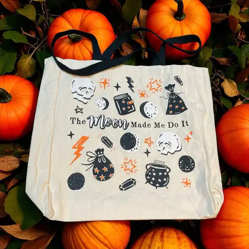 Spirit Halloween Tote Bag Moon Made Me Do It Cauldron Skull Canvas Witch Cream