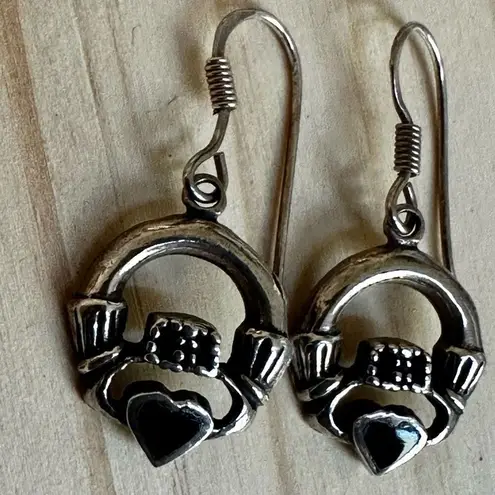 Sterling Silver Claddagh Earrings with Black Onyx Hearts